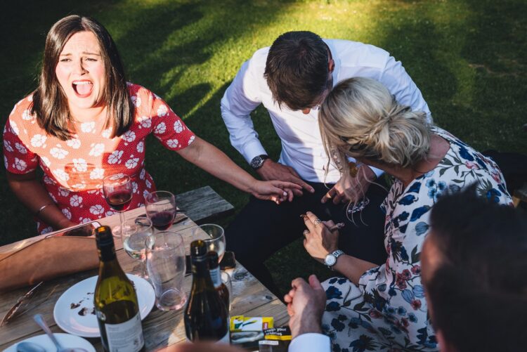 reception drinks and guests having fun at Lyde Court