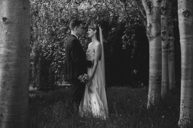 bride and groom in the silver birches at Brobury House weddings