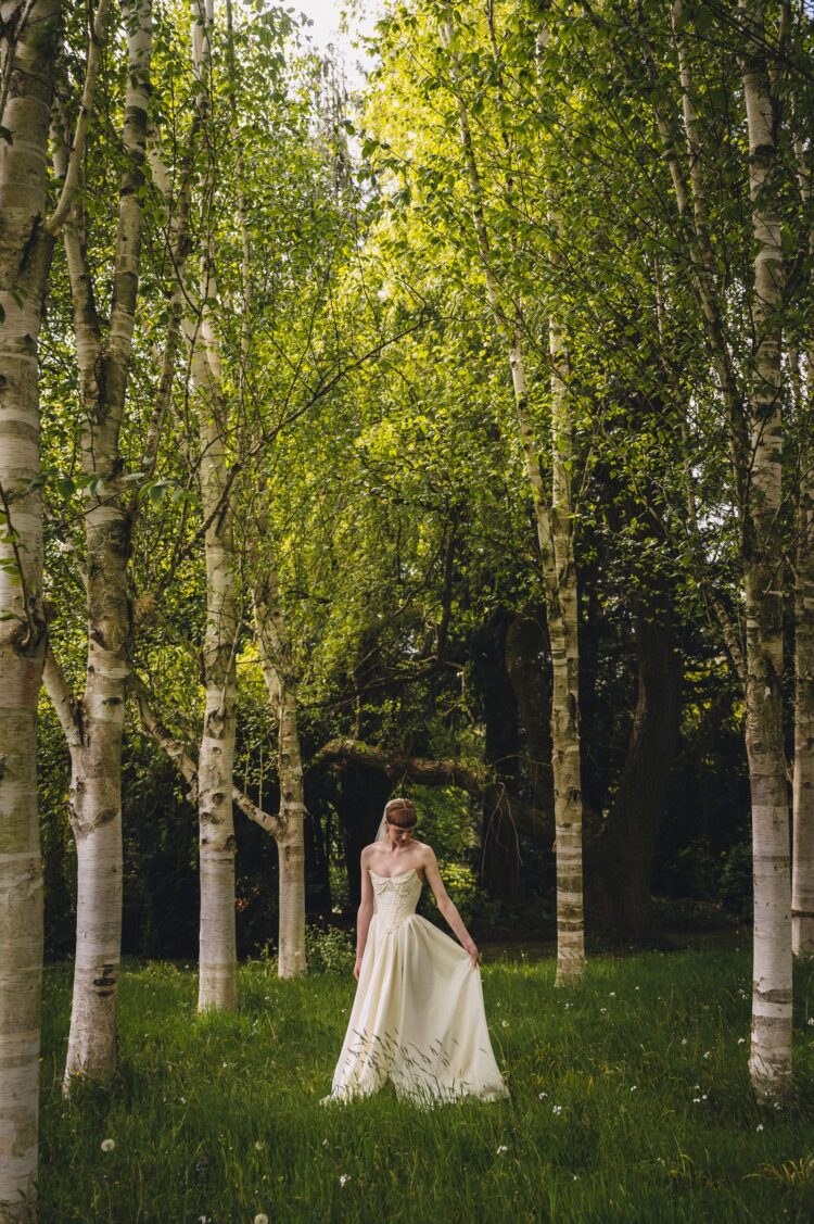 bride and groom in the silver birches at Brobury House weddings