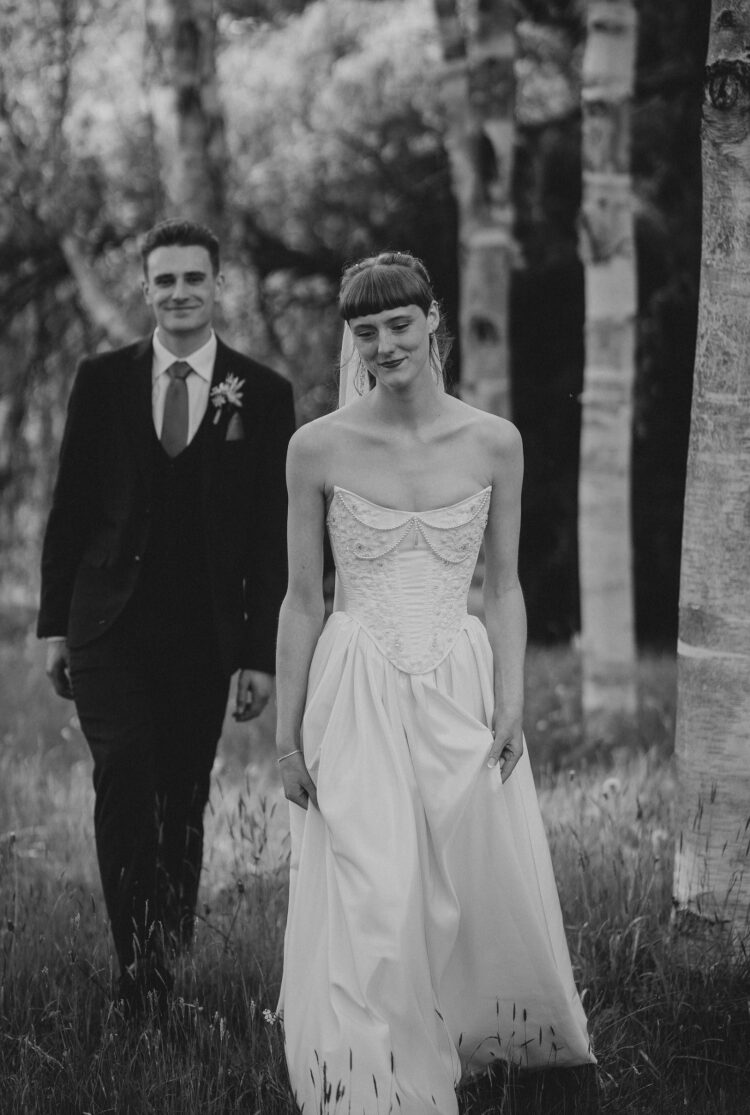 bride and groom in the silver birches at Brobury House weddings
