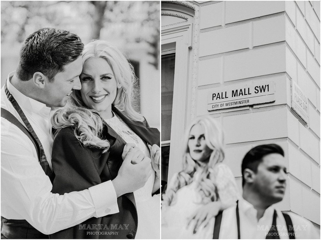London wedding fun glamour Pall Mall, London wedding photography