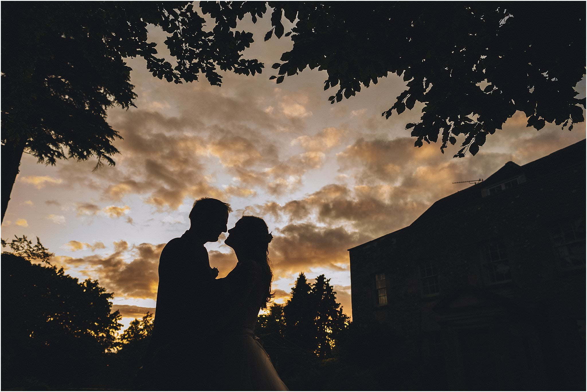 bride and groom sunset