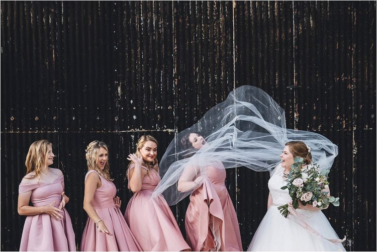 long veil and bridesmaids