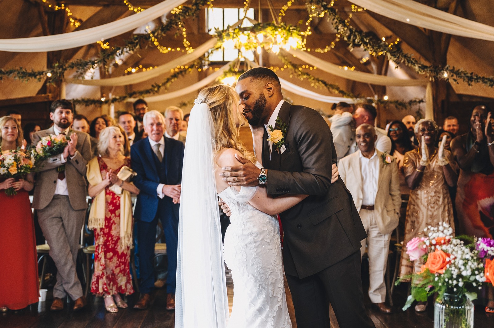 ceremony at Lains Barn that just married feeling and first kiss, Lains Barn wedding photography