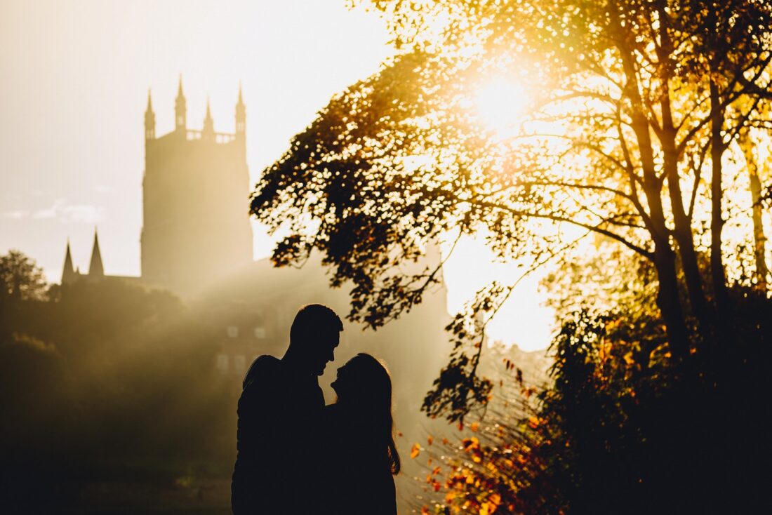 worcestershire wedding photographer, engagement shoot with the Worcester cathedral in the background
