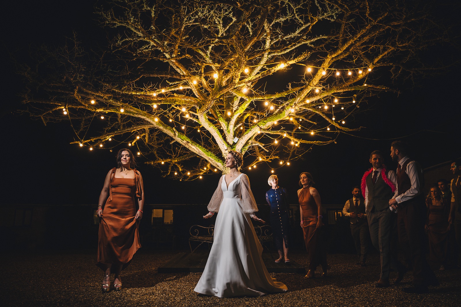 Pinterest wedding photography, the courtyard at merrisocurt at night with fairy lights and sparklers