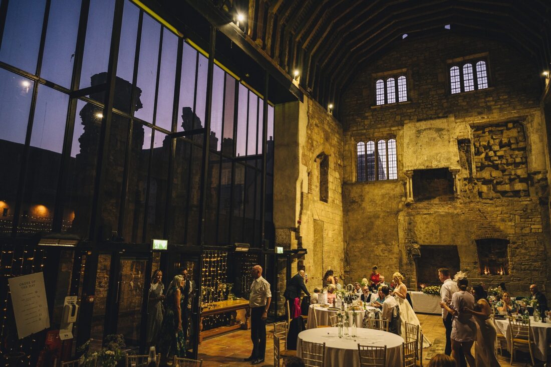 historic Blackfriars Priory during the wedding reception at blue hour, gloucestershire wedding photographer