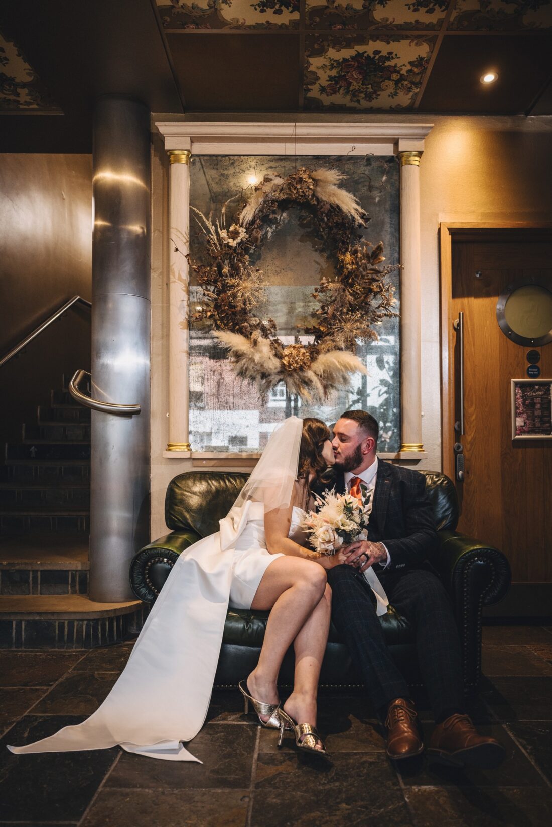 bride and groom kissing at Left bank village weddings Hereford