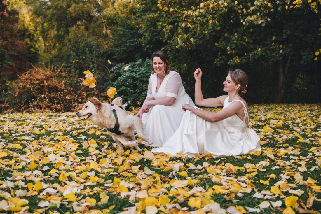 two brides playing with their dog at a wedding