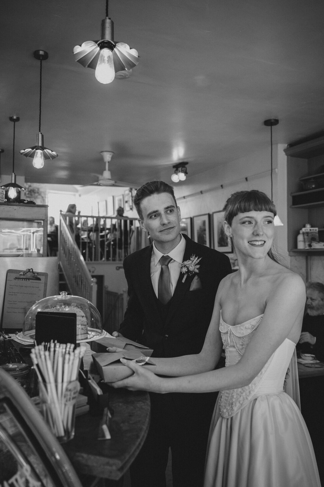 Bride and groom on the streets of Hay-on-Wye