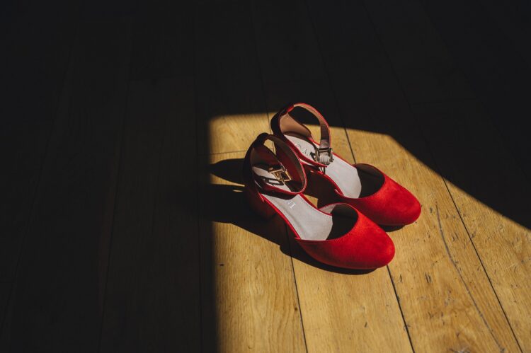 red bridal shoes at Berwick Lodge
