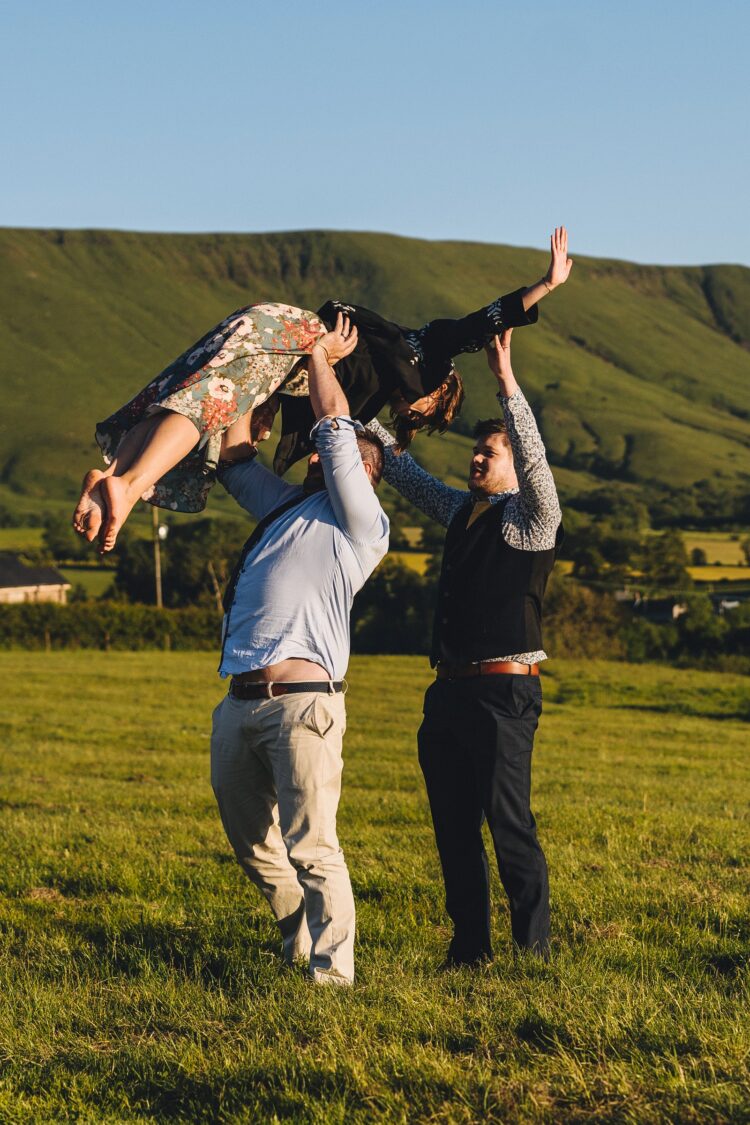 garden games and guests having fun during wedding reception LGBTQ wedding in the Black Mountains