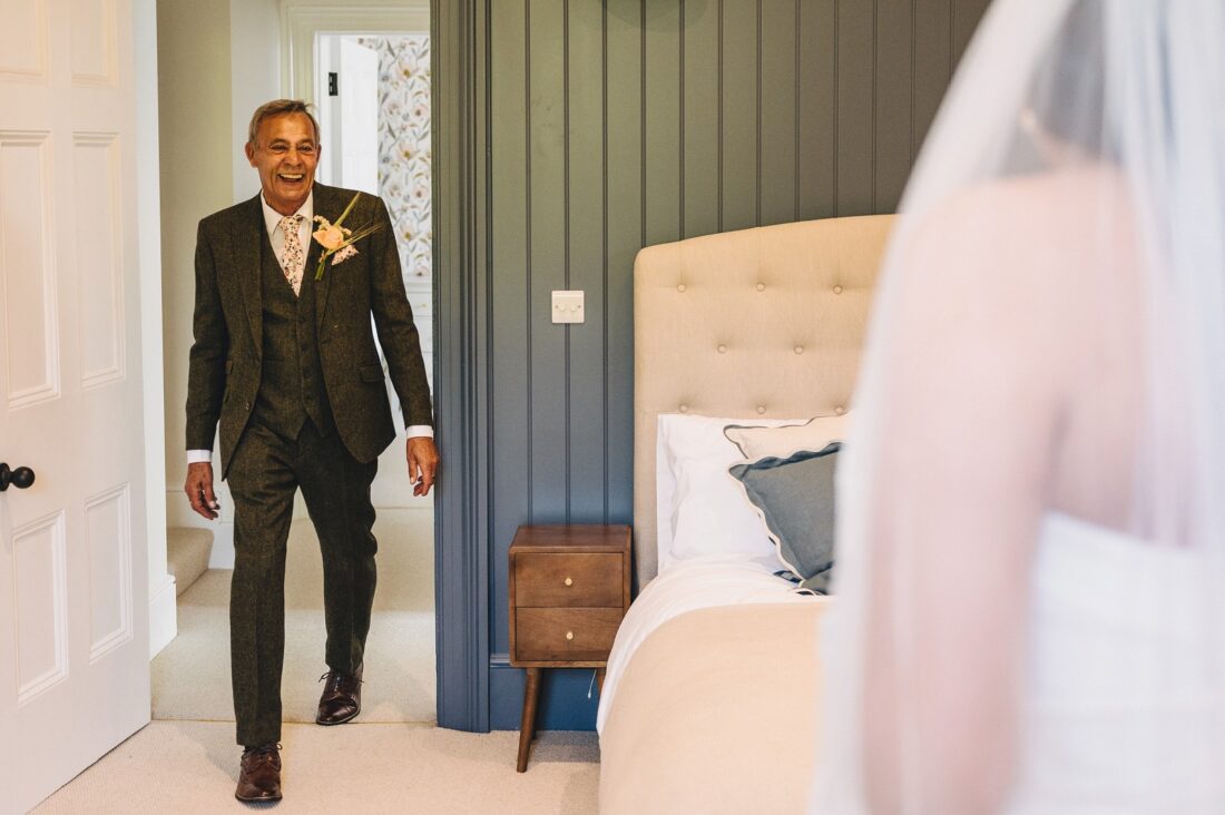 dad seeing bride in the morning Over Barn wedding photography