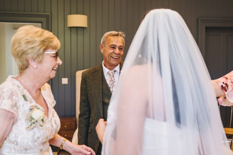 dad seeing bride in the morning Over Barn wedding photography