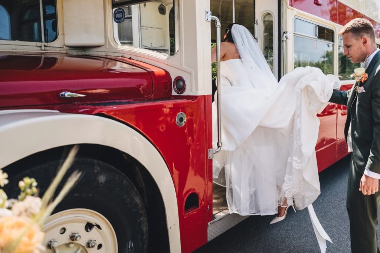 bride and wedding party on the way to Over Barn