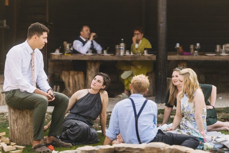 reception drinks and guests having fun at Over Barn