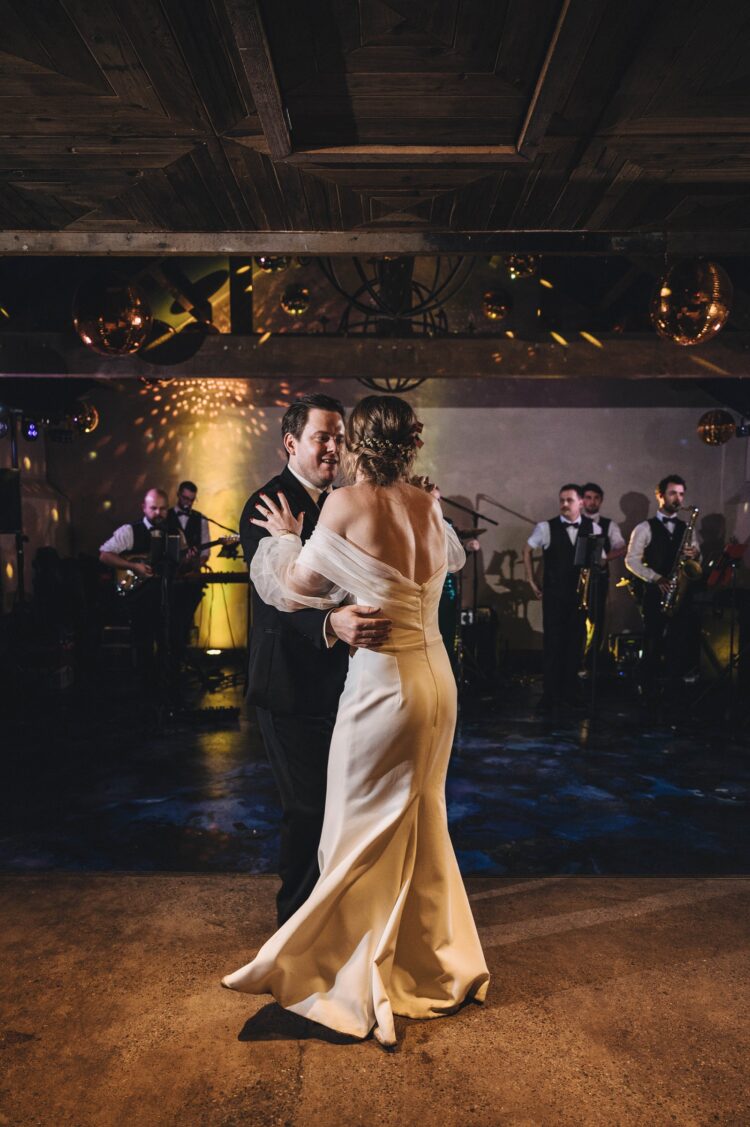 bride and groom first dance at Dewsall Court jewish wedding photographer