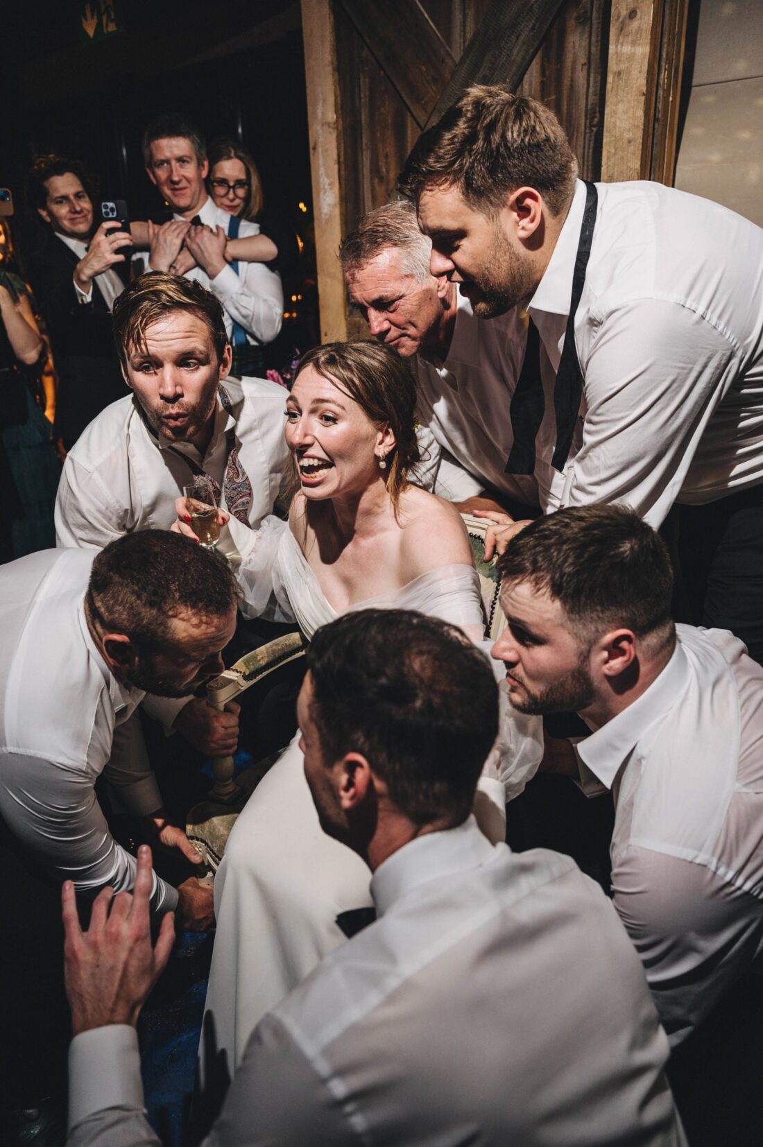 dance floor fun at Dewsall Court, jewish wedding photographer UK