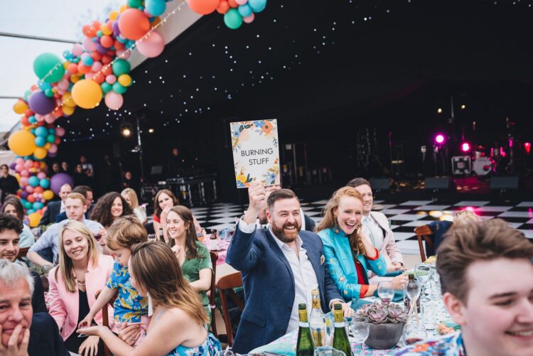luxury marquee wedding guests during speeches