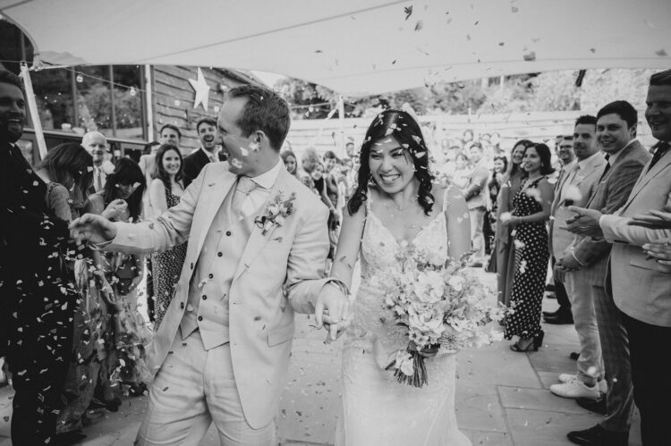 confetti moment at Shucknall Court wedding venue Hereford