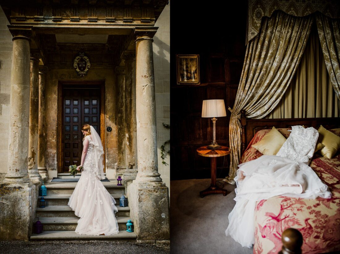 bride's dress at Elmore court - in the morning and after the ceremony. Elmore court wedding photographer