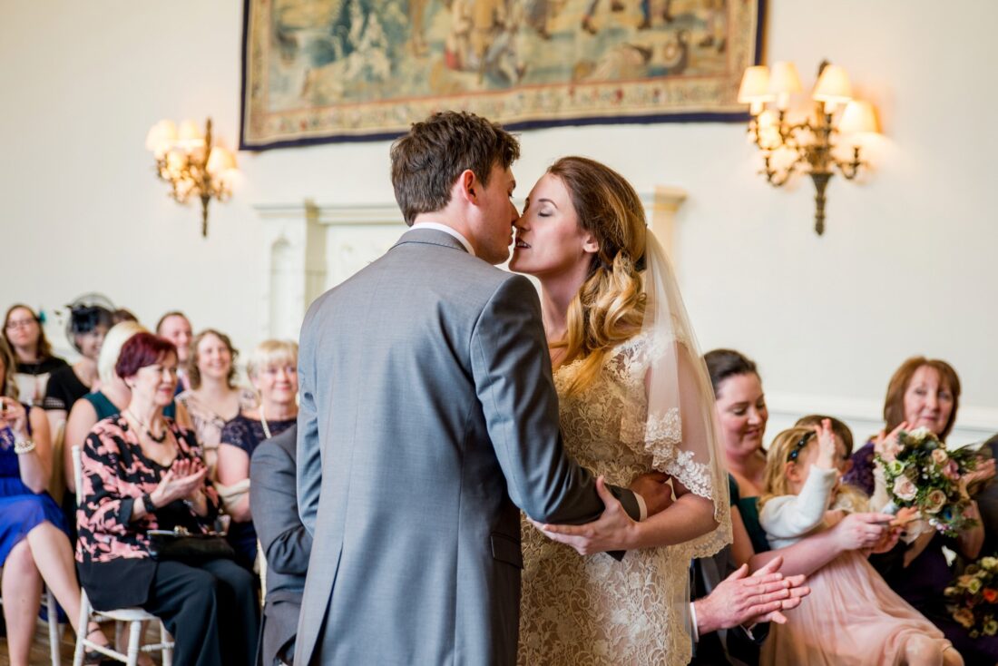 first kiss during the ceremony, Elmore Court wedding photographer
