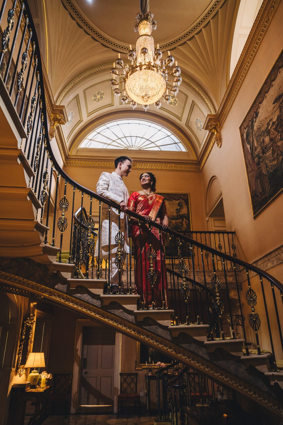 bride and groom inside sezincote house
