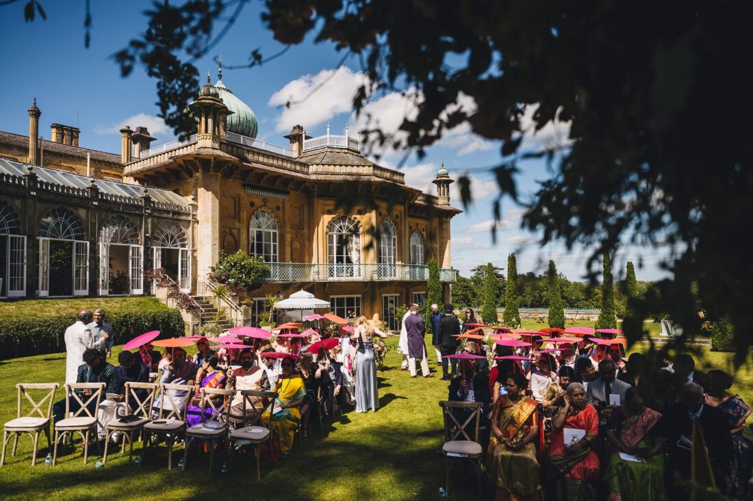 wedding guests just before ceremony at sezincote house starts
