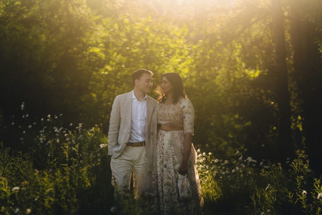 bride and groom during the golden hour, sezincote house wedding photography